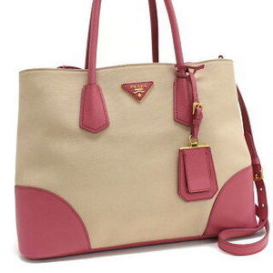 Prada Double Tote Bag canvas Saffiano leather beige pink triangle